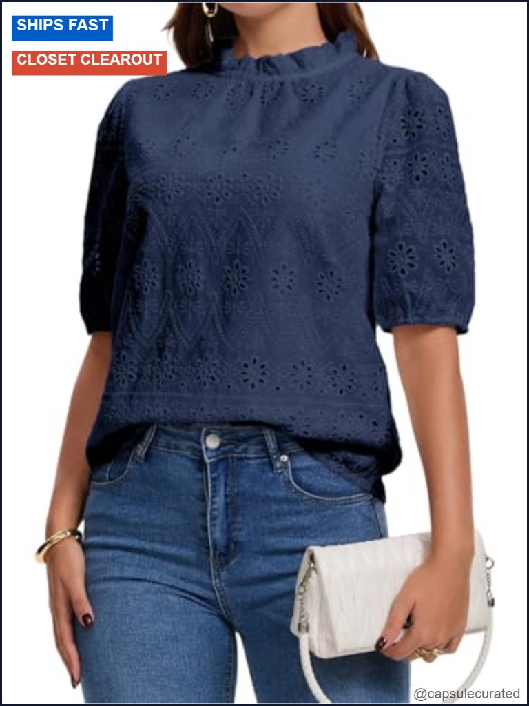 Embroidered Eyelet Puff Short Sleeve Blouse Dressy Casual Hollow Out Lace Shirt